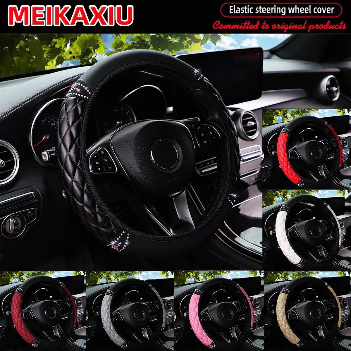 PU soft leather diamond-shaped pattern embroidered with diamonds and glittering car without inner ring steering wheel cover CM World