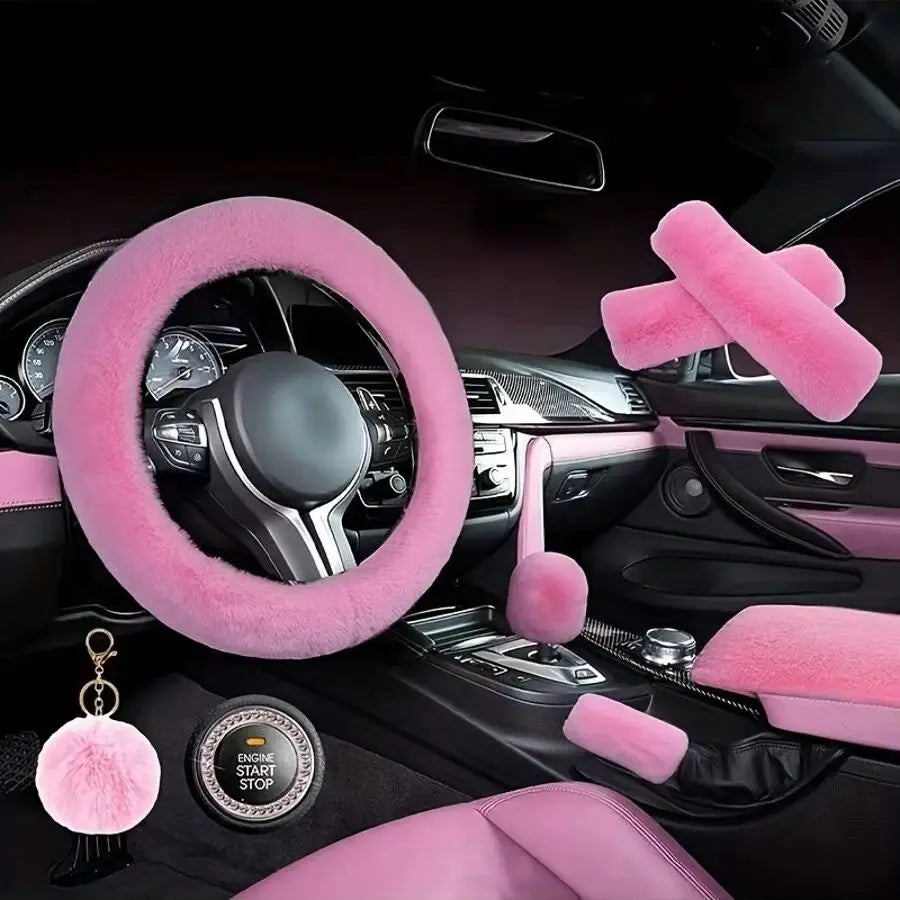 8 Pieces Set Combination Pink Goddess Plush Car Steering Wheel Cover Rex Rabbit Fur Fluffy Steering Wheel Cover
