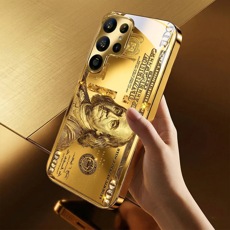 Golden Dollar Bill Fashion Exquisite HD Glass Phone Case for Samsung Galaxy S26 S25 S24 S23 S22 FE,Ultra,Plus Dropresistant Car Mobile World