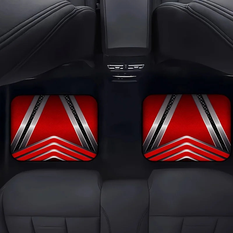 4PCS Polyester Fiber Red and Black Geometric Pattern Cool Car Floor Mats Durable, Universal, Suitable for Cars, Trucks, and SUVs
