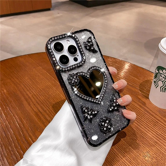For iPhone 16 Pro Max Luxury Flash Glitter Butterfly Love Mirror Plating Frame Phone Case For iPhone 13 14 15 Plus 17 Air Cover