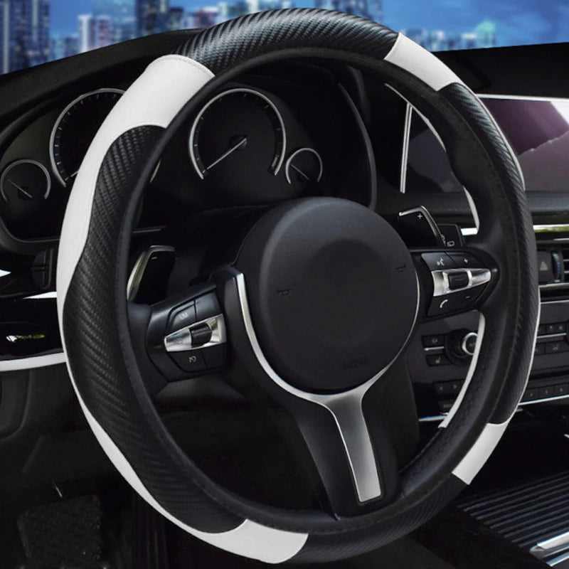 Carbon fiber pattern PU leather steering wheel cover with no inner ring design, full elasticity, anti slip and wear-resistant, m CM World
