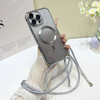 Magnetic For iPhone 17 Pro Max Case 16 14 13 12 11 15 Plus 17Air Glitter Magsafe Clear Plating Strap Crossbody Lanyard Cover Car Mobile World