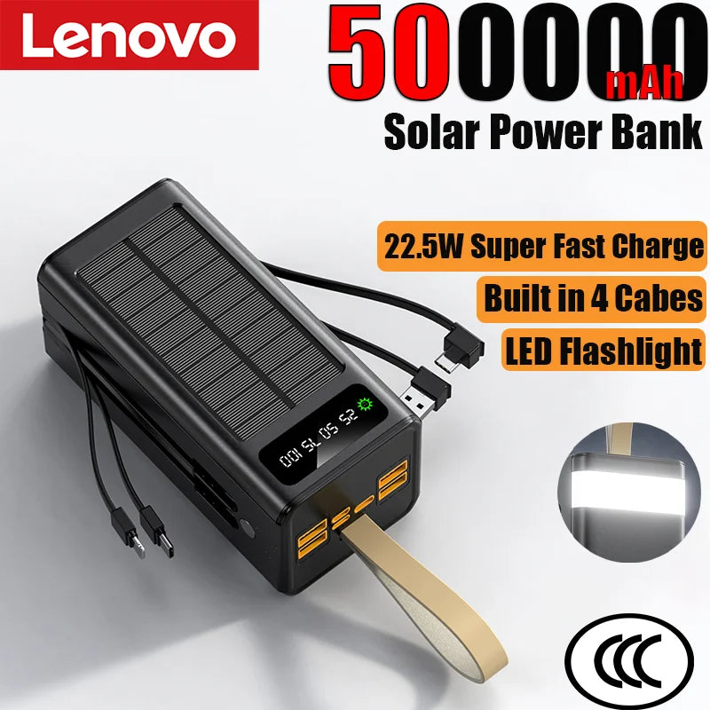 Lenovo 100000mAh Solar Power Bank High-capacity Built-in Cables External Battery LED Light Power Bank for  iPhone Samsung 2026 Car Mobile World