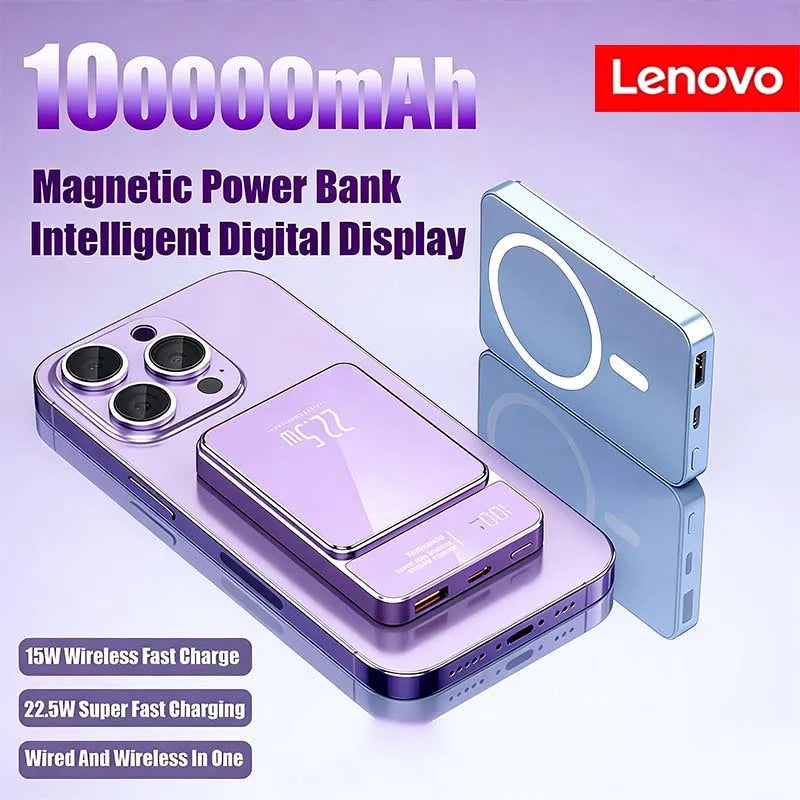Lenovo 100000mAh Portable Magnetic Wireless Power Bank PD22.5W Super Fast Charging External Battery For Magsafe IPhone Samsung Car Mobile World