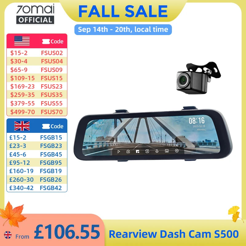 9.35 Inch Full Screen 70mai Rearview Dash Cam S500 1944P Auto Cam 138FOV 70mai S500 Mirror Car Recorder Stream Media Car DVR