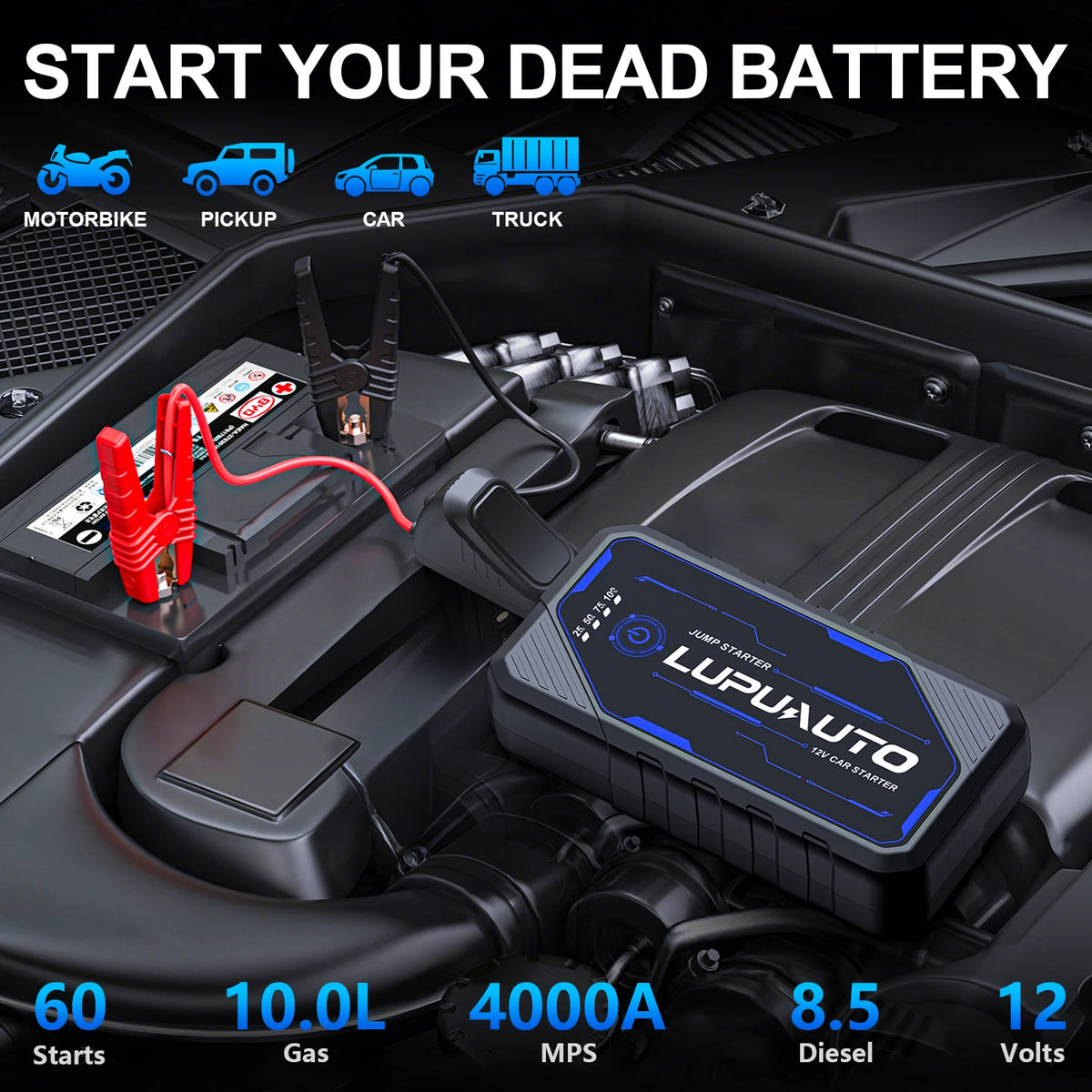 4-in-1 Jump Starter with Air Pump 4000A Peak Starter Box 160PSI Battery Pack with Digital Tire Inflator Car Battery Jump Starter
