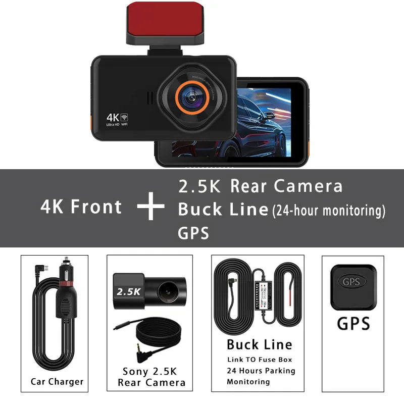 4K Dual Lens Dashcam With Rear 2.5K WiFi GPS And Rearview Camera WDR Night Vision 24H Parking Recording Car Video Recorder