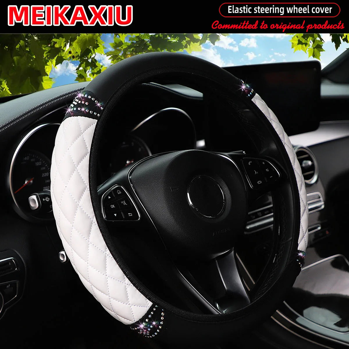 PU soft leather diamond-shaped pattern embroidered with diamonds and glittering car without inner ring steering wheel cover CM World