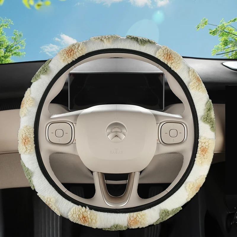 Flower Shaped Car Steering Wheel Cover with Plush Three-Dimensional Pattern Elastic and Elastic Protective Cover for Women's Car