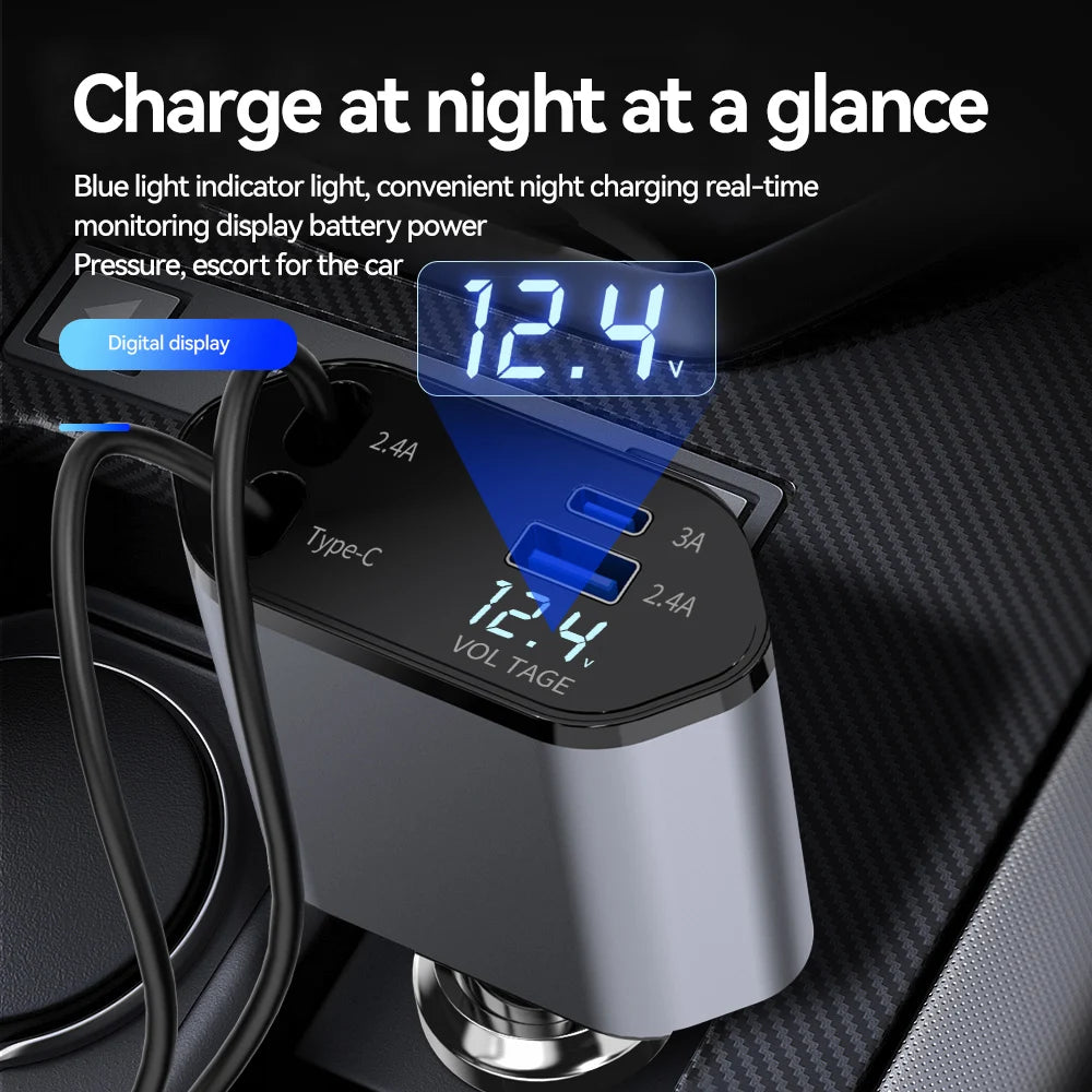 120W 4 in 1 Car Charger Retractable Car Cigarette Lighter Adapter USB Type C Fast Charger Cable For IPhone Xiaomi Huawei Samsung