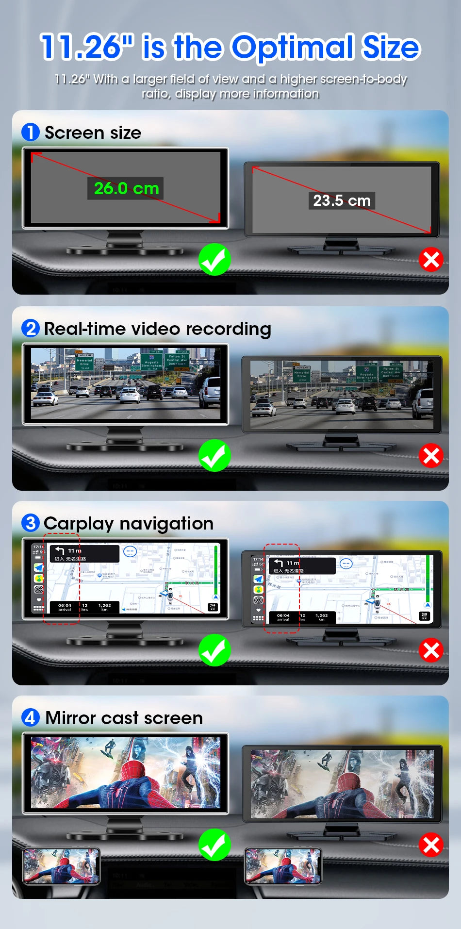 10/11.26 inch Dash Cam 4K Car DVR Wireless Carplay & Android Auto GPS Navigation Video Recorder Dashboard Dual Lens Wifi FM AUX Car Mobile World