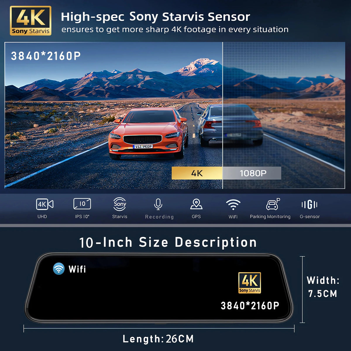 10 Inch 4K 2160P Dash Cam Wifi GPS Car Dvr Dual Lens Dashcam Stream Rear View Mirror IPS Video Drive Recorder Camera Registrar
