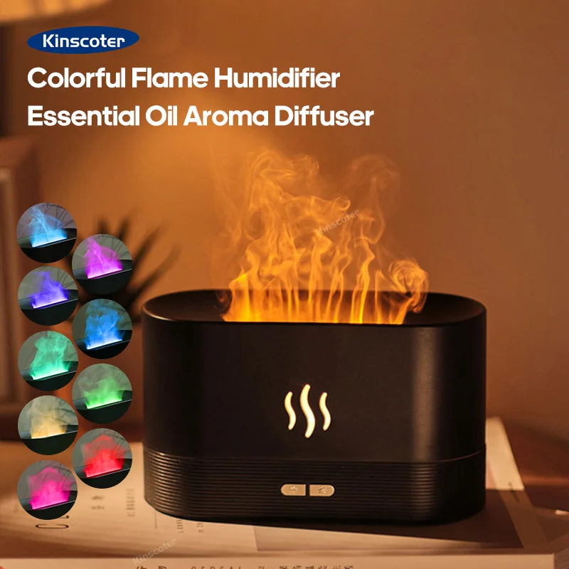 USB Desktop Flame Aroma Diffuser Humidifier 7 Colors Simulation Light Aromatherapy Air Purifier for Bedroom/Essential oil set CM World