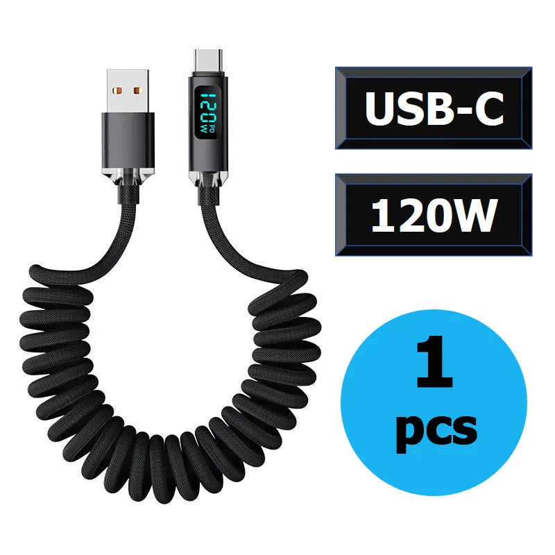 120W Car Retractable Cable Digital Display Spring USB A Type C To Type C Cable For Samsung iPhone 16 Fast Charging Charger Cable