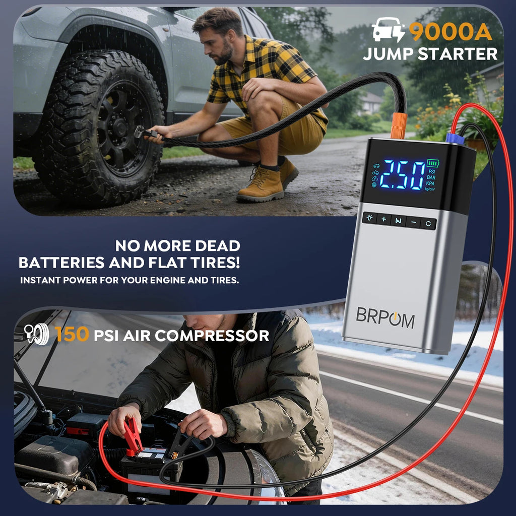 1500A Portable Car Charger, Jump Starter, Rechargeable Battery, Car Battery Launcher, Restoration Item Emergency Starter With Air Compressor Portable Car Battery Booster With 150PSI Auto-Stop Tire Inflator 10.0L Diesel
