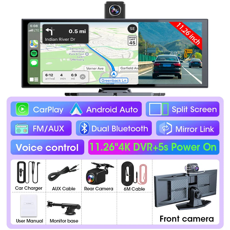 11.26 inch Dash Cam Car DVR 4K Camera Wireless Carplay Android Auto Touch Screen Dual Len Video Recorder Dashboard BT FM AUX GPS Car Mobile World