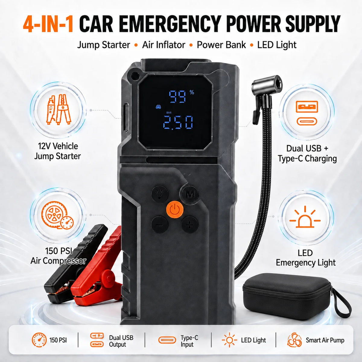 Car Jump Starter Power Bank Portable Air Pump Tire Air Compressor Car Battery Emergency Boosters Starting Device with LED Light