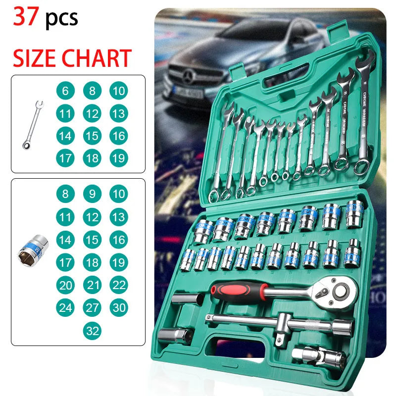 37 Piece Socket Wrench Ratchet Set Mechanical Tool Set Drill Bit Socket Suitable for Automotive Repair and Home Use CM World