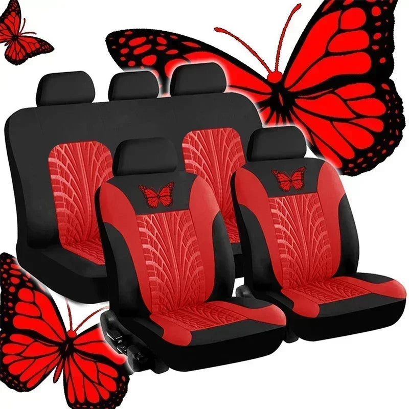 2/4/9PCS Universal Car Seat Cover Set - Red Butterfly Embroidery Design - Protects Seats From Stains, Spills, And Wear