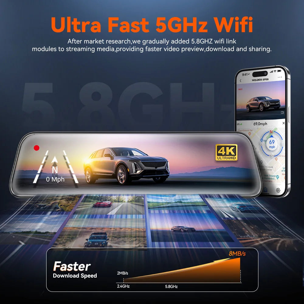 WOLFBOX G930 10 Inch Wifi Dash Camera 4K Car DVR FOV 140 Mirror Camera Dash Cam Car 24H Parking View Touch Screen Video Recorder Car Mobile World