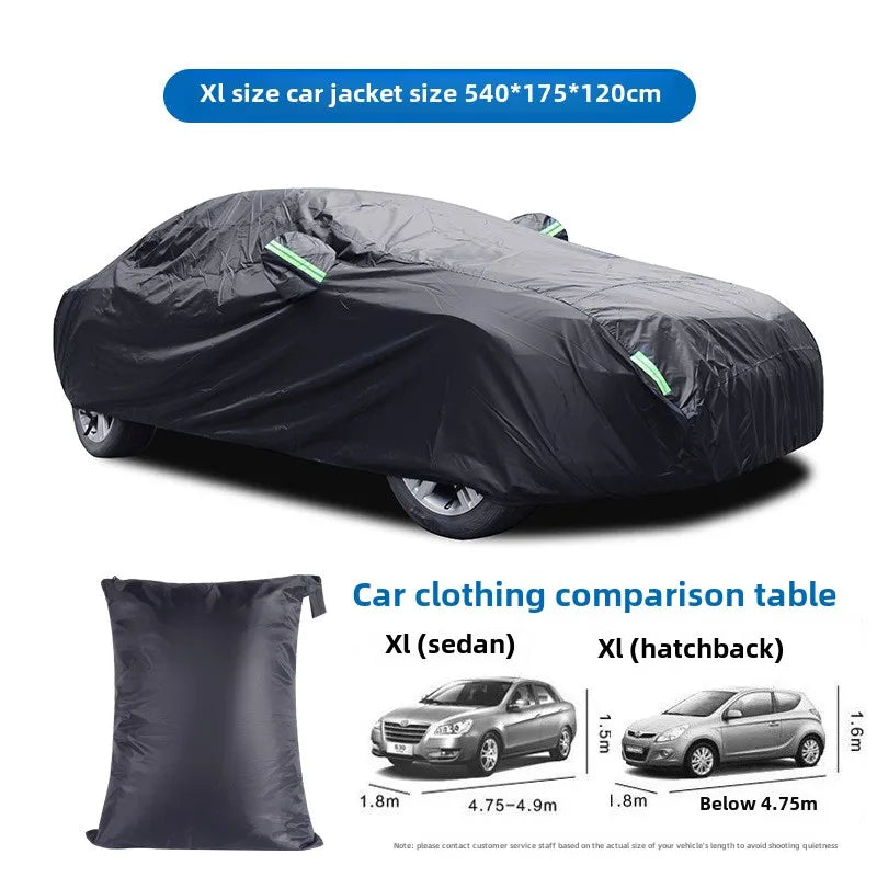 Black Silver Coated Car Cover Rainproof Sunscreen Reflective Strip Outdoor Dustproof Protection for Hatchback Sedan SUV