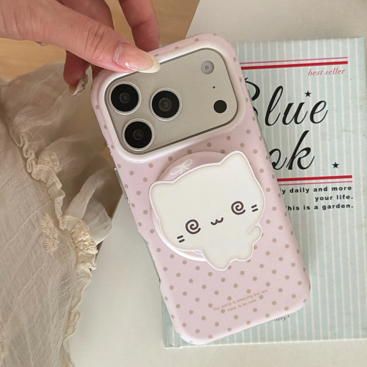 Cute Simple Wave Point Pattern Matte Pink Protective Cover Case For iPhone 17 16 15 14 Pro Max with Cat Magnetic Holder