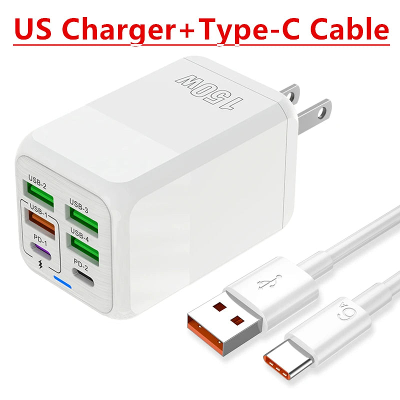 150W 6 Ports Pd QC 4.0 Usb C Fast Charger Wall Adapter Super Fast Charging For Iphone Samsung Ipad Xiaomi Huawei Oneplus Oppo Car Mobile World