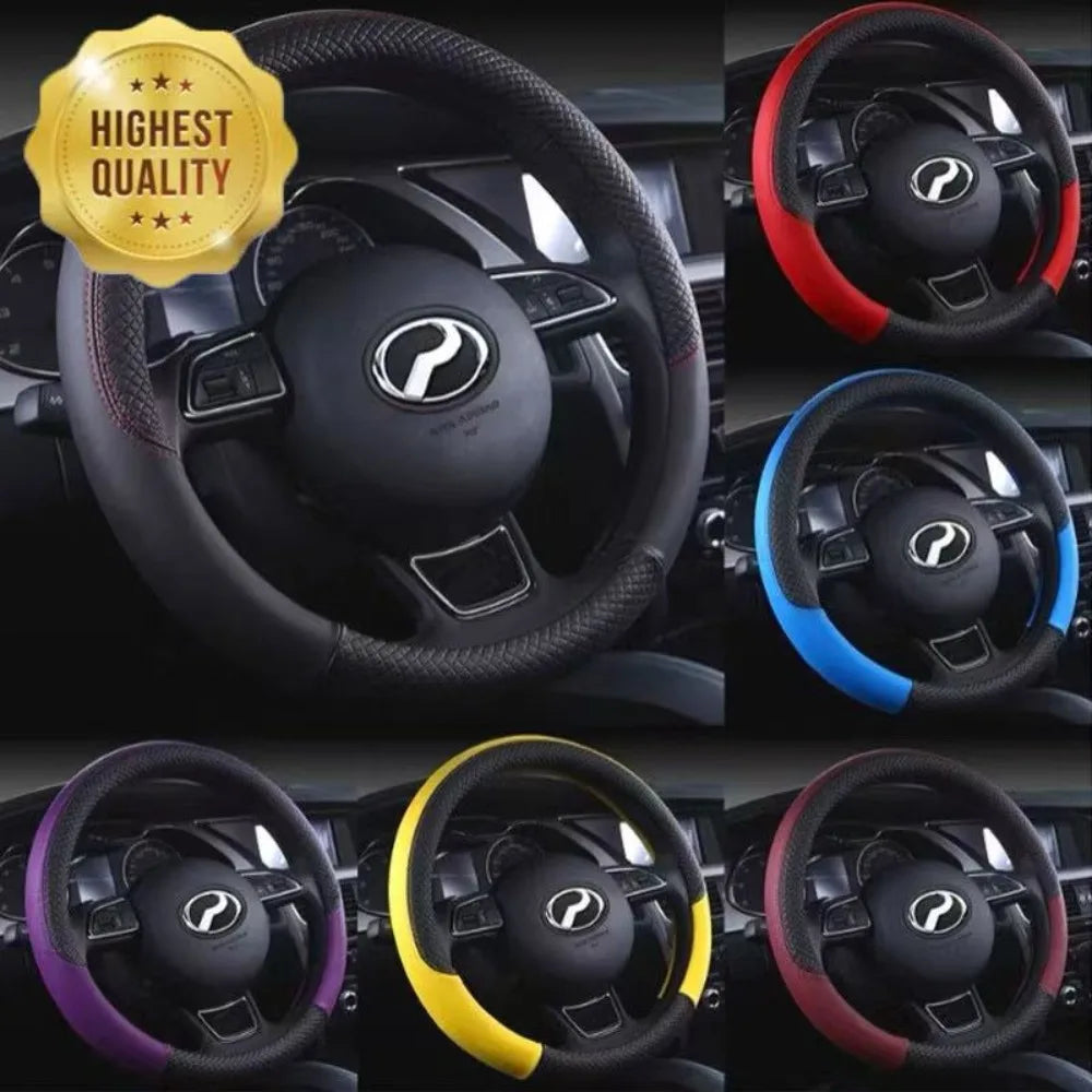 38cm Steering Wheel Cover PU Leather Anti Slip Steer Wheel Protector Breathable Fiber Braid Universal Steering Cover 1pc CM World