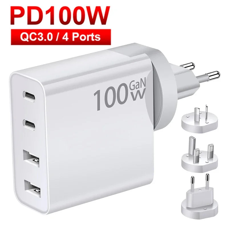 100W GaN Charger Convertible Plug Folding Pin QC3.0 USB-A Dual Type C PD Fast Charging Adapter for Notebook Mobile Phone Tablet Car Mobile World