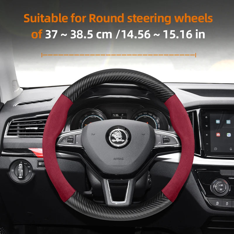 Suitable for Skoda Suede Matte Carbon Fiber Texture Steering Wheel Cover Suitable for Octavia 2 3 A7 1 Superb Roomster A5 Rapid Karoq Yeti Spaceback Fabia Monte Carlo Mk3 Accessories CM World