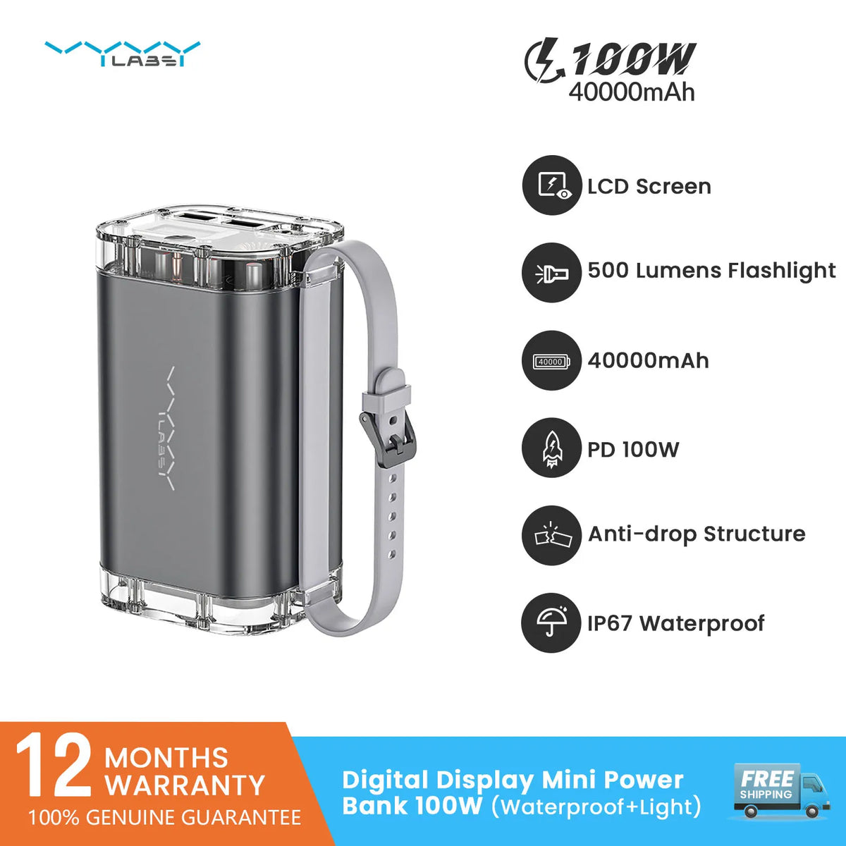 Vyvylabs 40000mAh 100W Power Bank USB C PD Fast Charging Portable Battery with Emergency Flashlight for Camping Travel Emergency