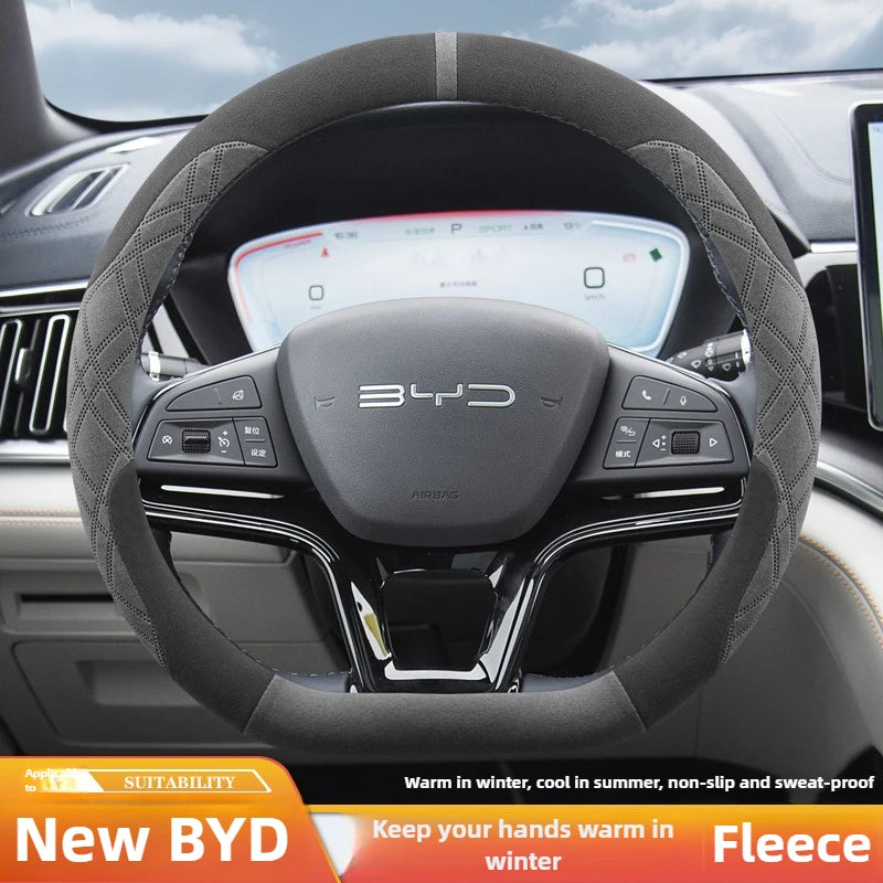 Suede Leather Car Steering Wheel Cover for BYD Song plus Seal U dmi King Sealion 6 Dolphin mini 2024 2025 2026 Accessories