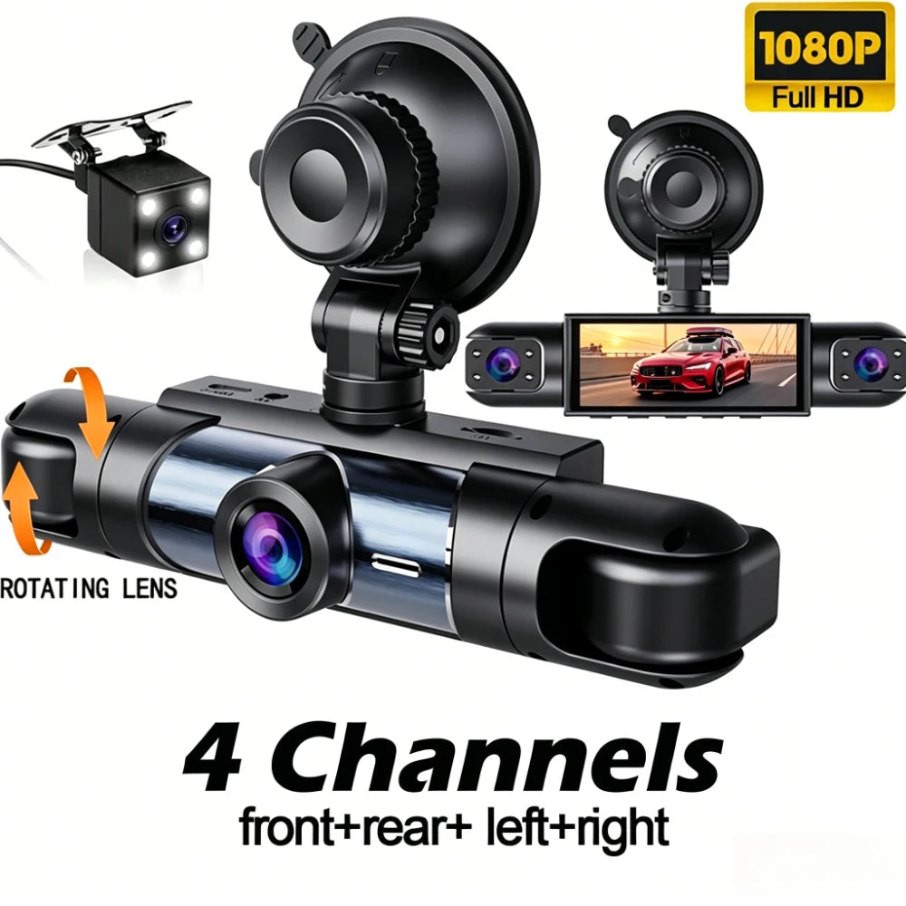 Dash Cam 1080P 360° Vehicle DVR Driving Recorder 4-channel 3.16-inch LCD Screen Rotatable Lens, Night Vision, Loop Recording Car Mobile World
