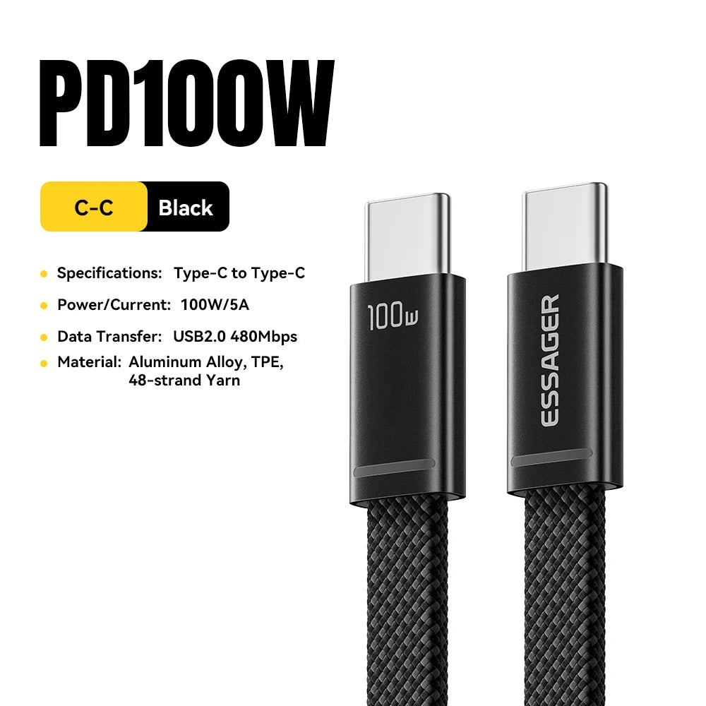 ESSAGER 100W USB C To Type C Slim Cable 5A PD Fast Charging for MacBook iPhone 17 16 Pro Max iPad Xiaomi Laptops USB-C Data Cord