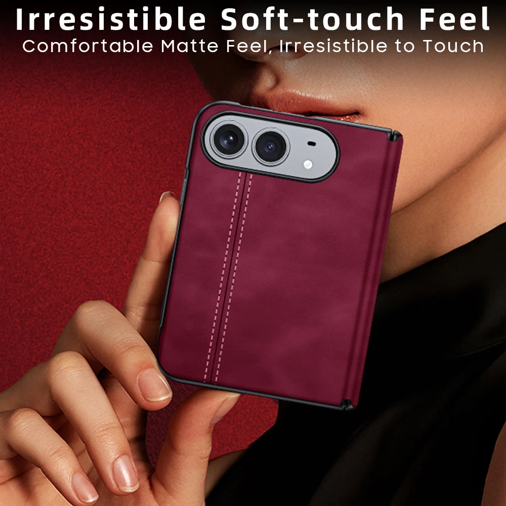 For iPhone Duo Luxury Saffiano Leather Pattern Screen Film Glass Phone Case for iPhone Duo Hinge Protection Cove