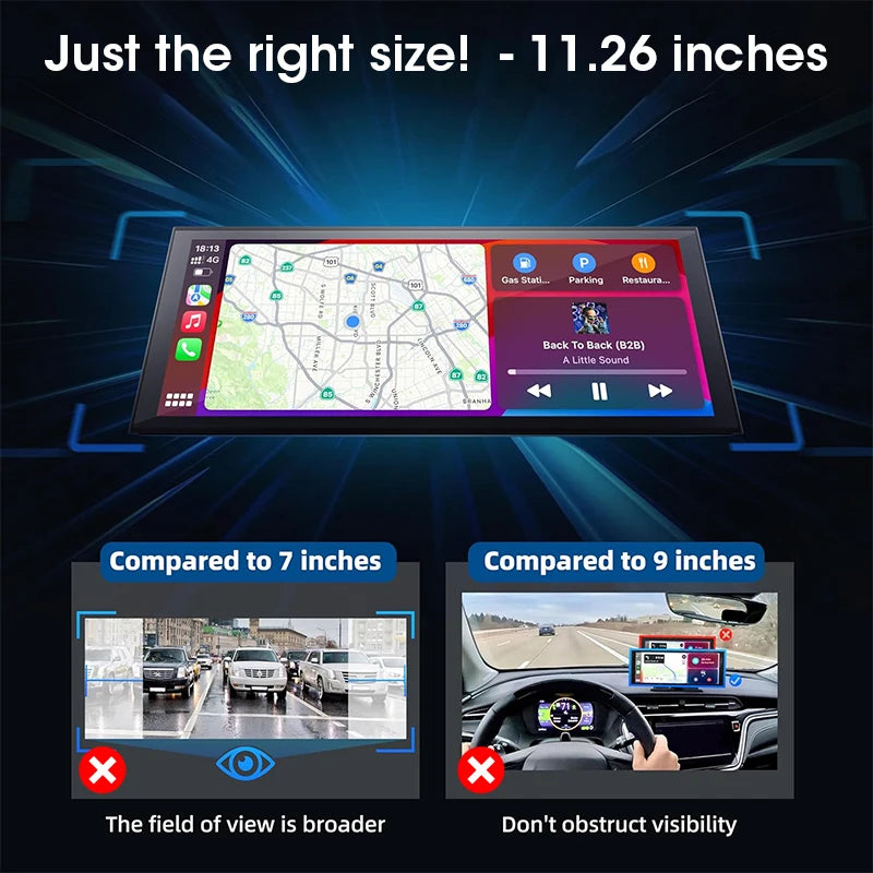 11.26 inch Dash Cam Car DVR 4K Camera Wireless Carplay Android Auto Touch Screen Dual Len Video Recorder Dashboard BT FM AUX GPS Car Mobile World