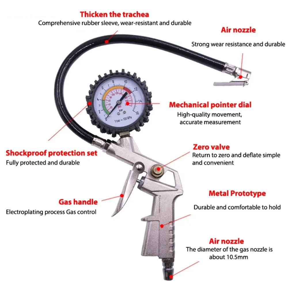 Silver Dial Tire Pressure Gauge Barometer High Precision with Inable Car Tire Pressure Monitor Tire Pressure Gauge Air Pump Gun CM World