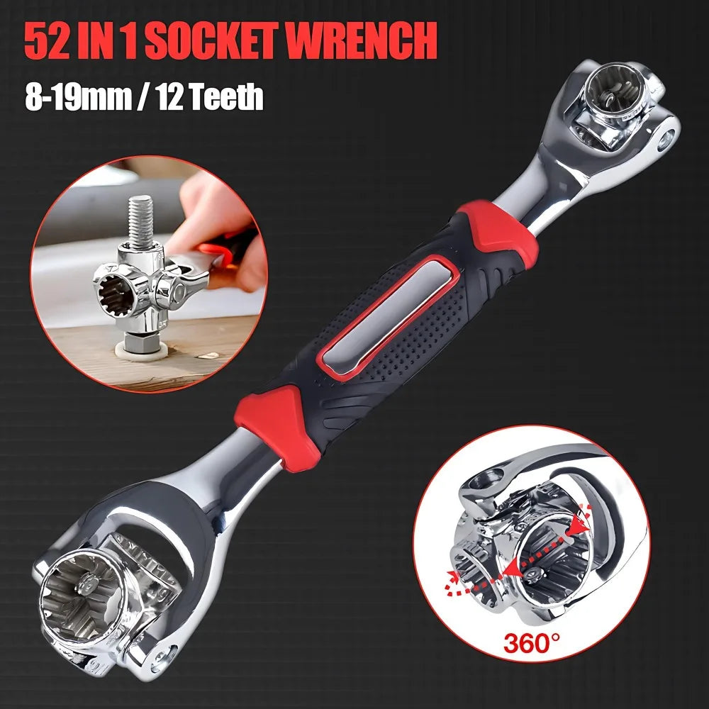 52-in-1 Multi-Functional Socket Wrench Set 360 Degree Rotating Dog Bone Design Universal Spline Wrench 8-19mm Heavy Duty Professional Hand Tool for Car Auto Repair Bicycle Motorcycle Maintenance Garage Workshop