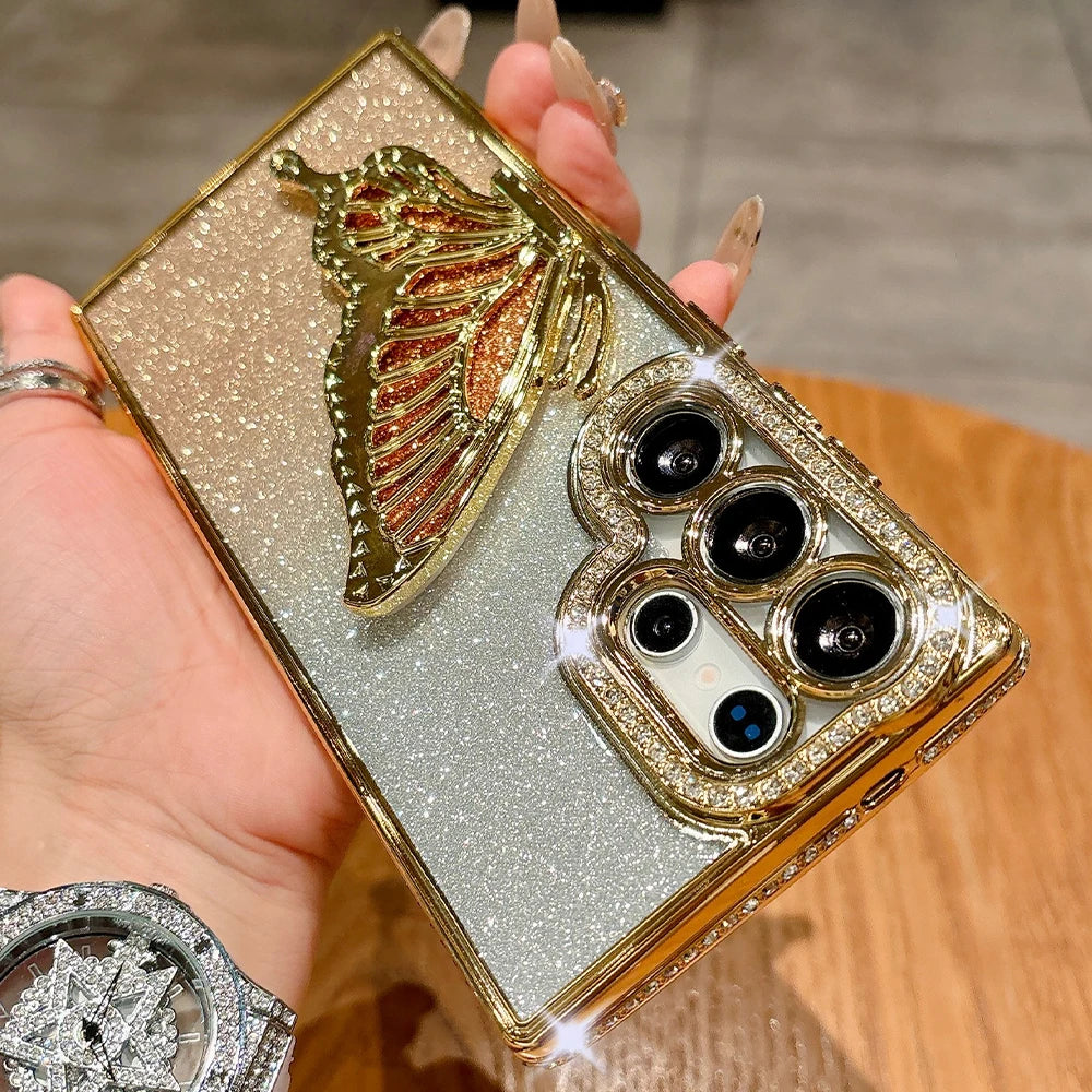Jewelled Glitter Bling Butterfly Stand Holder Case For Samsung S25 Edge S24 S23 S26 Ultra S22 Plus A73 A54 A16 Shockproof Cover Car Mobile World