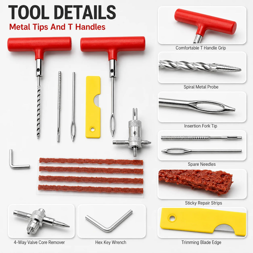 Auto Tire Repair Set Puncture Repair Tools Car Van Motorcycle Bike Emergency Heavy Duty Tubeless Tire Repair Rivet Set, Without Battery