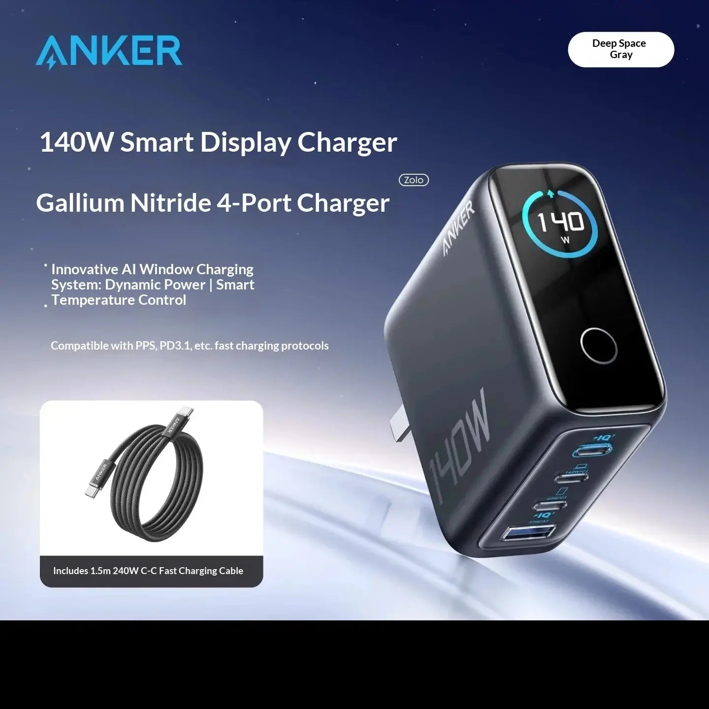 Anker 140w Gan Charger Pd 100w Multi Port Digital Display Ai Temperature Control Fast Charging For Macbook Laptop Phone Tablet Car Mobile World
