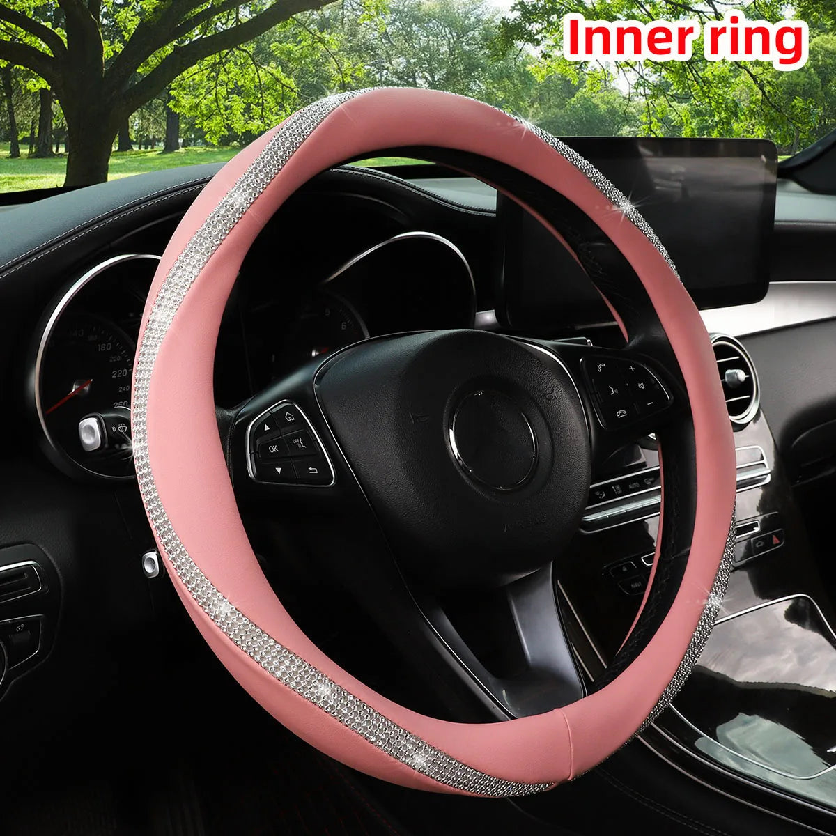 Women's PU Leather Car Interior Wheel Cover with Flashing Mesh Rhinestones for 14.5-15 Inch Car Accessories CM World