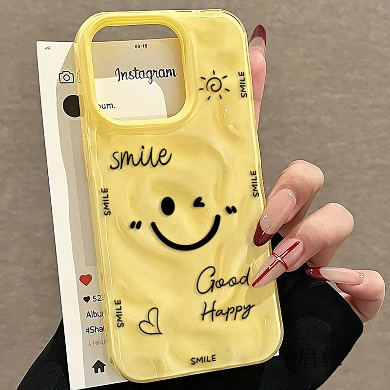 Funny Cartoon Smile Angry Face Phone Case For iPhone 17 16 15 14 13 12 11 Pro 17 15 Plus 17 Air Colorful Folds Texture TPU Cover