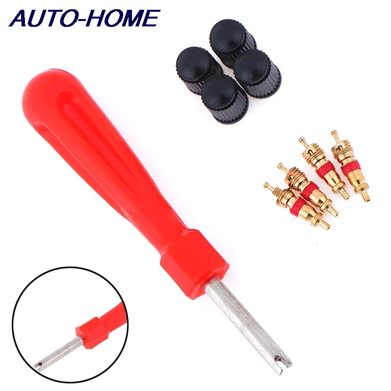 1 Set Tire Valve Service Kit 4 Valve Cores 4 Valve Caps 1 Valve Stem Screwdriver Tire Repair Tool for Car Motorcycle Bus Truck