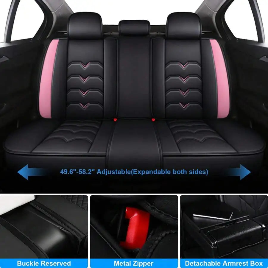 Universal 5-Seat PU Leather Car Seat Covers Black And Pink Full Set Waterproof Front & Rear Cushion Protectors, Airbag Compatible Car Interior Upgrade, Easy Installation And Easy To Clean Fit For Most Car Sedan SUV Hatchback