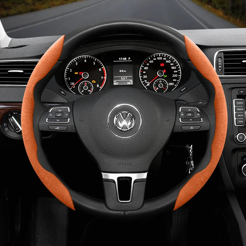 Suitable for Volkswagen Anti-Slip Buckle Segmented Suede Steering Wheel Cover Suitable for Polo Golf 5 6 7 Gol Cc Passat B6 B8 Jetta Scirocco T4 Crafter Taigo up Santana Nivus Tcros G3 Caddy Tiguan CM World