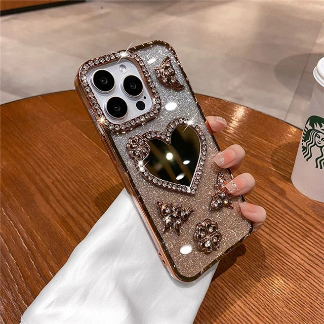 For iPhone 16 Pro Max Luxury Flash Glitter Butterfly Love Mirror Plating Frame Phone Case For iPhone 13 14 15 Plus 17 Air Cover