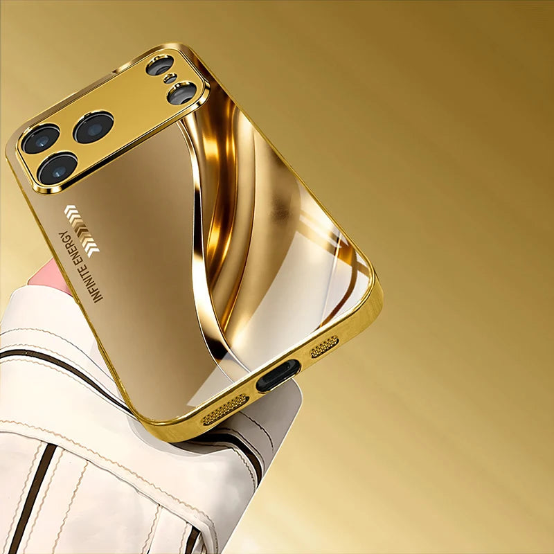 Luxury Metal Curve Pattern Gold Metallic Paint Glass Phone Case For iPhone 17 Pro Max 11 12 13 14 15 16 Plus 17Air 16E Cover