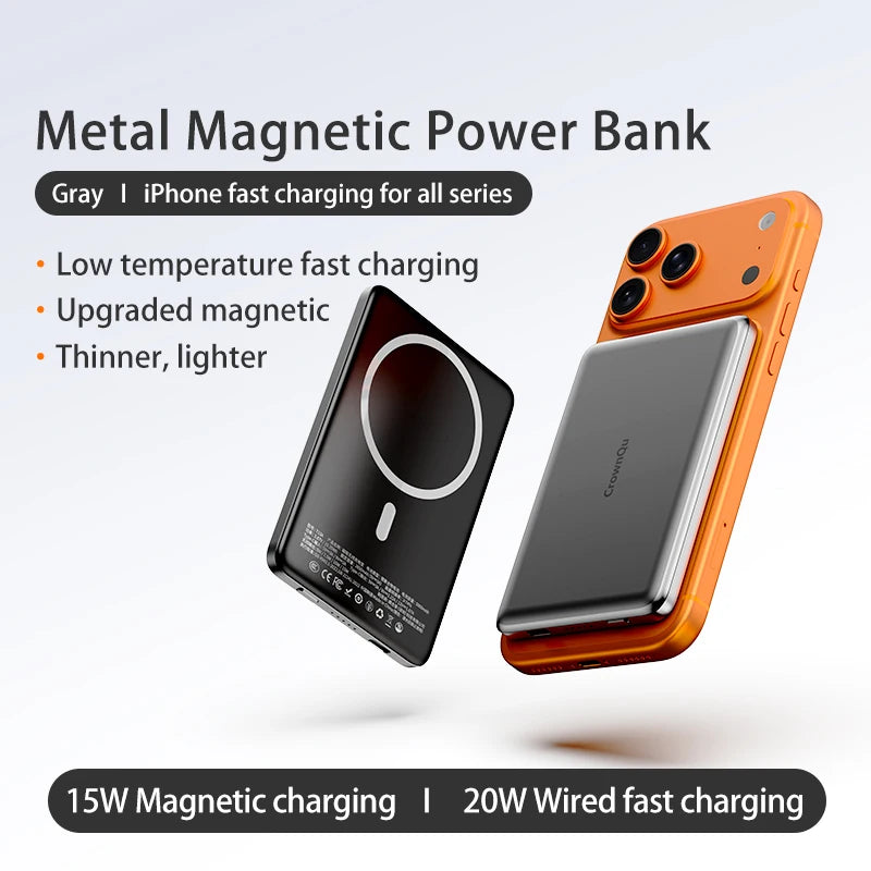 Metal Magnetic Wireless Power Bank 20W USB-C Fast Charging Protable External Battery for iPhone 17 16 15 14 13 12 Smartphone Car Mobile World